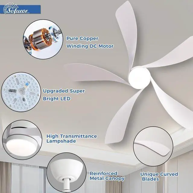 Alt view image 6 of 7 - Sofucor 52 Inch Smart Ceiling Fan With Lights and Remote High CFM Reversible DC Bedroom Ceiling Fan 6 Wind Speeds Dimmable LED 5 Carved ABS Blades