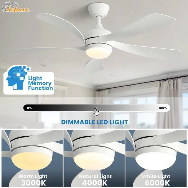 Alt view image 3 of 7 - Sofucor 52 Inch Smart Ceiling Fan With Lights and Remote High CFM Reversible DC Bedroom Ceiling Fan 6 Wind Speeds Dimmable LED 5 Carved ABS Blades