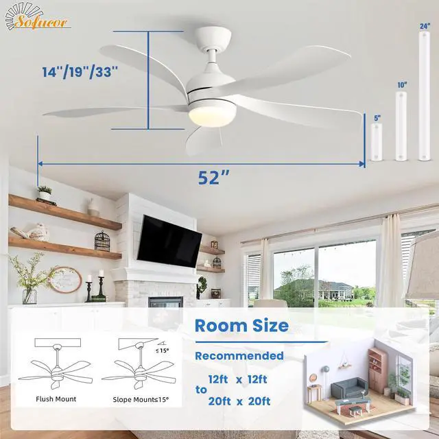 Alt view image 7 of 7 - Sofucor 52 Inch Smart Ceiling Fan With Lights and Remote High CFM Reversible DC Bedroom Ceiling Fan 6 Wind Speeds Dimmable LED 5 Carved ABS Blades