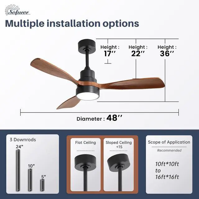Alt view image 4 of 7 - Sofucor 48 Inch Casual Bedroom Ceiling Fan with Light Kit and Remote Indoor Outdoor Wood Blades Ceiling Fan