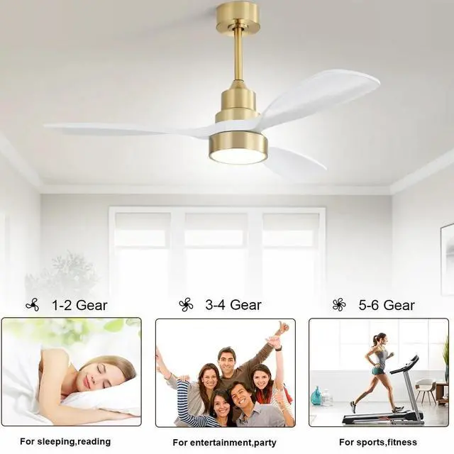 Alt view image 2 of 7 - Sofucor Gold Fan 48IN Contemporary Brushed LED Ceiling Fan with Remote and Light Kit Farmhouse Bedroom Ceiling Fan