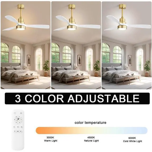 Alt view image 4 of 7 - Sofucor Gold Fan 48IN Contemporary Brushed LED Ceiling Fan with Remote and Light Kit Farmhouse Bedroom Ceiling Fan