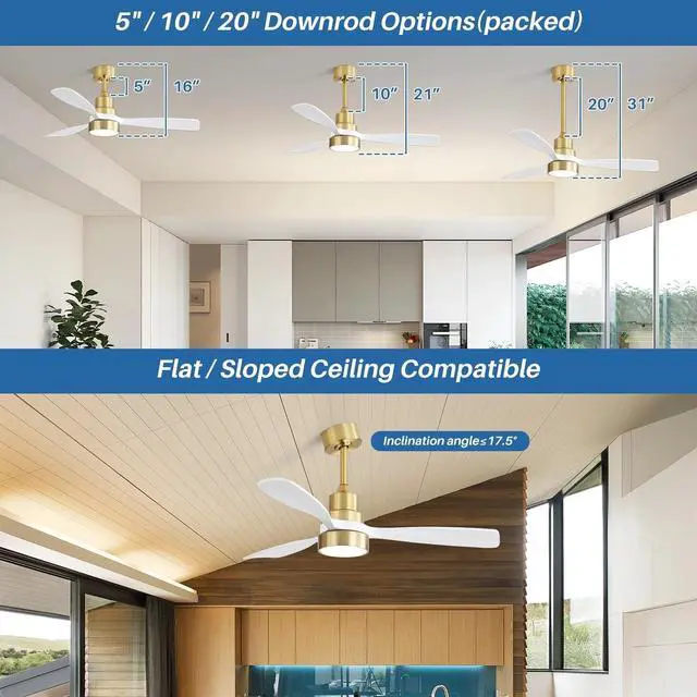 Alt view image 5 of 7 - Sofucor Gold Fan 48IN Contemporary Brushed LED Ceiling Fan with Remote and Light Kit Farmhouse Bedroom Ceiling Fan