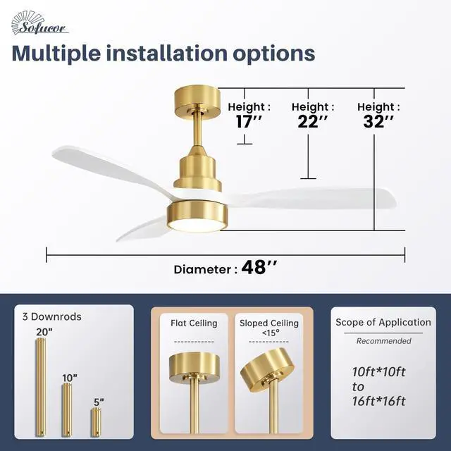 Alt view image 7 of 7 - Sofucor 48 Inch Smart Ceiling Fan with Lights and Remote/APP Control Work with Alexa/Google Low Profile Ceiling Fan for Indoor Outdoor Bedroom