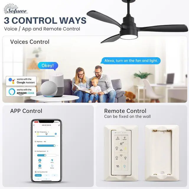 Alt view image 3 of 7 - Sofucor 48 Inch Smart Ceiling Fan with Lights, Remote & App Control Reversible DC Motor Dimmable LED, Low Profile Modern Ceiling Fans for Bedroom Living Room