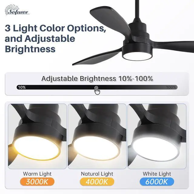 Alt view image 6 of 7 - Sofucor 48 Inch Smart Ceiling Fan with Lights, Remote & App Control Reversible DC Motor Dimmable LED, Low Profile Modern Ceiling Fans for Bedroom Living Room