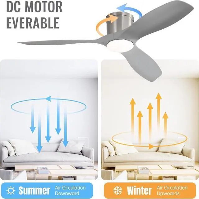 Alt view image 3 of 7 - Sofucor 52 Inch Remote Control Ceiling Fan With LED Light Adjustable 6 Wind Speeds Timeable Brushed Nickel Low Profile Ceiling Fan