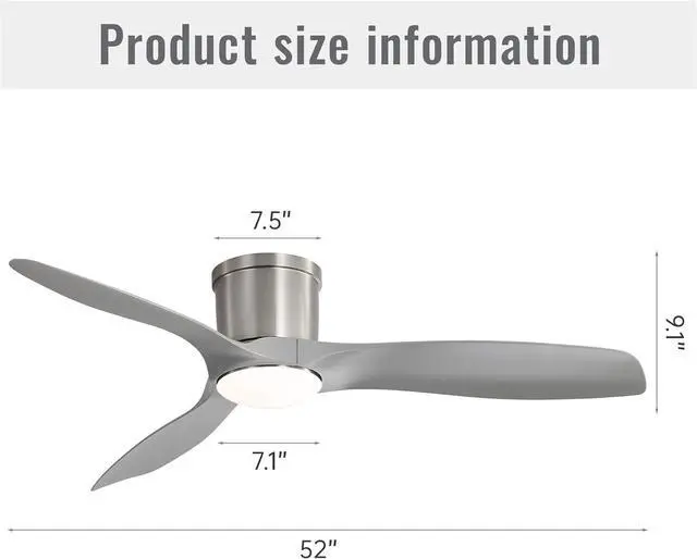 Alt view image 4 of 7 - Sofucor 52 Inch Remote Control Ceiling Fan With LED Light Adjustable 6 Wind Speeds Timeable Brushed Nickel Low Profile Ceiling Fan