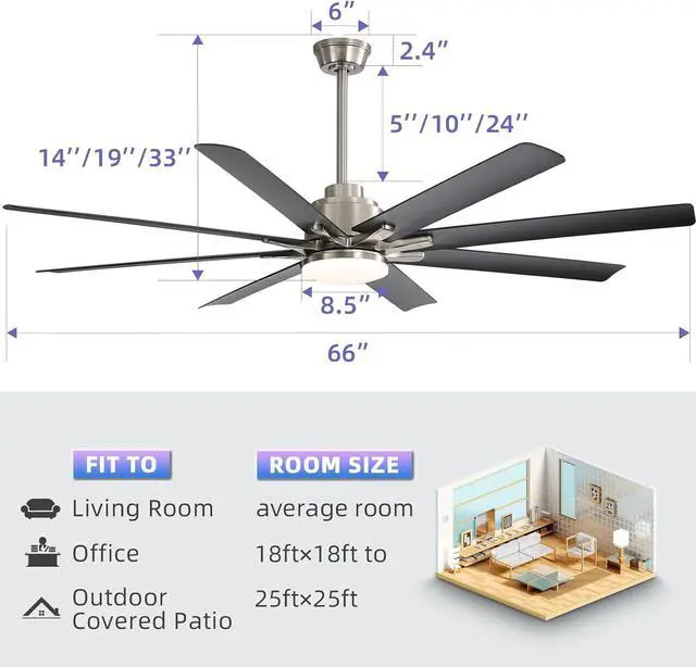 Alt view image 2 of 7 - Sofucor Extra Large 66 Inch Ceiling Fan & Light APP Remote Control 8-Blades Cooling Modern Ceiling Fans