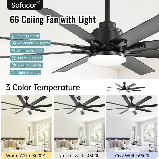 Alt view image 4 of 7 - Sofucor Nickel Industrial Smart Ceiling Fans with Lights and Remote & APP Control 8 ABS Blades 6-Speed Powerful DC Motor Reversible For Home/Commercial/Outdoor