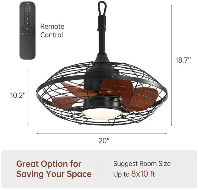 Alt view image 4 of 7 - Sofucor Outdoor Caged Ceiling Fans with Light for Patios 20'' Wet Rated Gazebo Fan With Remote Control Dimmable Hanging Fan with Plug in Cord for Pergola