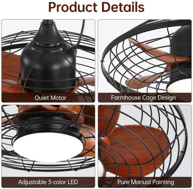 Alt view image 5 of 7 - Sofucor Outdoor Caged Ceiling Fans with Light for Patios 20'' Wet Rated Gazebo Fan With Remote Control Dimmable Hanging Fan with Plug in Cord for Pergola