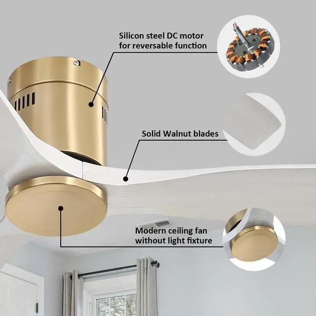 Alt view image 3 of 7 - Sofucor 52'' Ceiling Fan Without Lights Modern Flush Mount Ceiling Fan No Light with Remote Control 3 Wood Blades for Bedroom/Farmhouse/Patio/Indoor