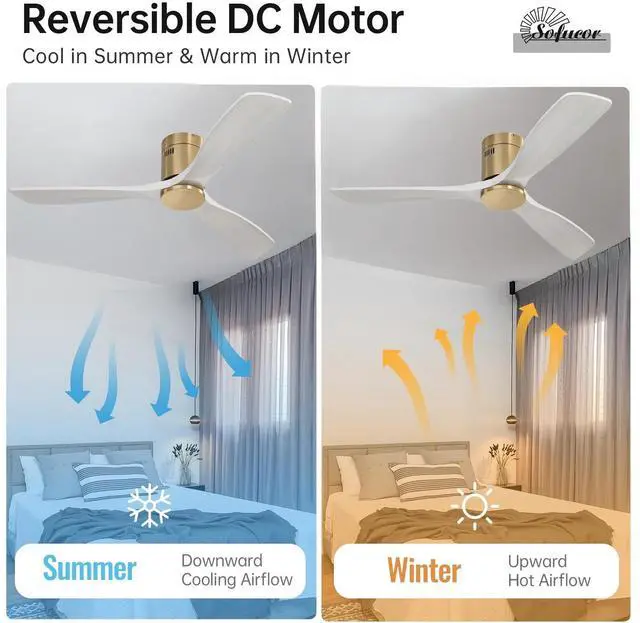 Alt view image 2 of 7 - Sofucor 52'' Ceiling Fan Without Lights Modern Flush Mount Ceiling Fan No Light with Remote Control 3 Wood Blades for Bedroom/Farmhouse/Patio/Indoor