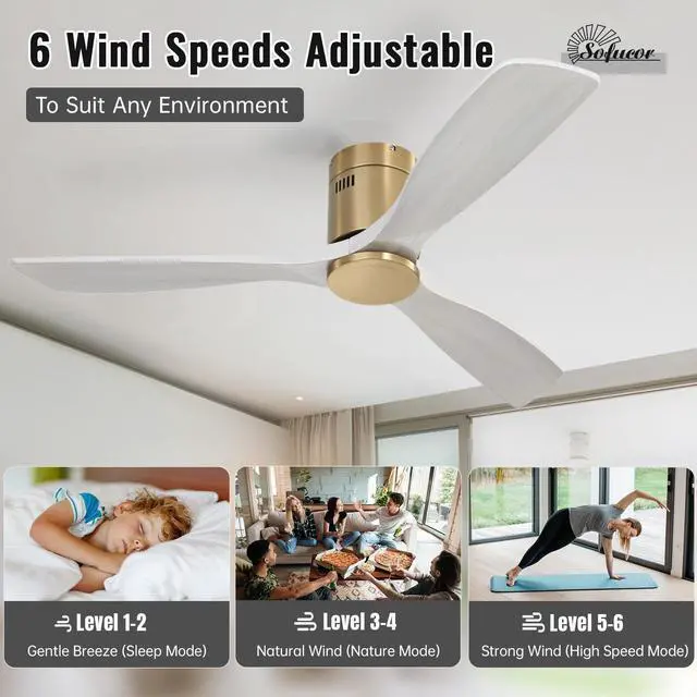 Alt view image 5 of 7 - Sofucor 52'' Ceiling Fan Without Lights Modern Flush Mount Ceiling Fan No Light with Remote Control 3 Wood Blades for Bedroom/Farmhouse/Patio/Indoor