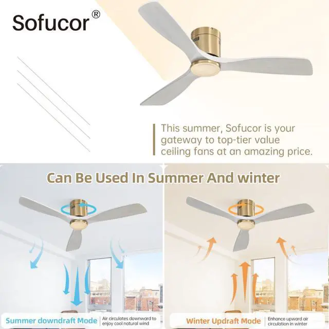 Alt view image 7 of 7 - Sofucor 52'' Ceiling Fan Without Lights Modern Flush Mount Ceiling Fan No Light with Remote Control 3 Wood Blades for Bedroom/Farmhouse/Patio/Indoor