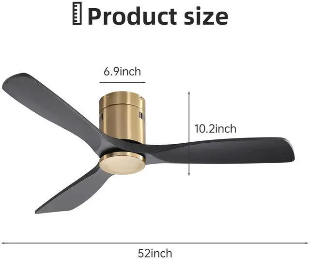 Alt view image 5 of 7 - Sofucor 52 Inch Gold Flush Mount Ceiling Fan with Remote Control Solid Wood Blades Modern Indoor/Outdoor Fan No Light for Bedroom/Farmhouse/Patio