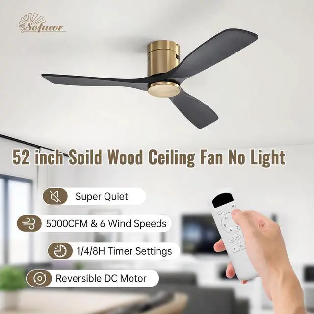 Alt view image 2 of 7 - Sofucor 52 Inch Gold Flush Mount Ceiling Fan with Remote Control Solid Wood Blades Modern Indoor/Outdoor Fan No Light for Bedroom/Farmhouse/Patio
