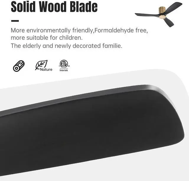 Alt view image 4 of 7 - Sofucor 52 Inch Gold Flush Mount Ceiling Fan with Remote Control Solid Wood Blades Modern Indoor/Outdoor Fan No Light for Bedroom/Farmhouse/Patio