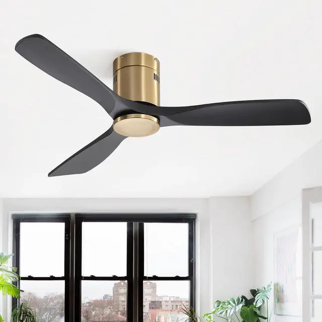 Alt view image 7 of 7 - Sofucor 52 Inch Gold Flush Mount Ceiling Fan with Remote Control Solid Wood Blades Modern Indoor/Outdoor Fan No Light for Bedroom/Farmhouse/Patio