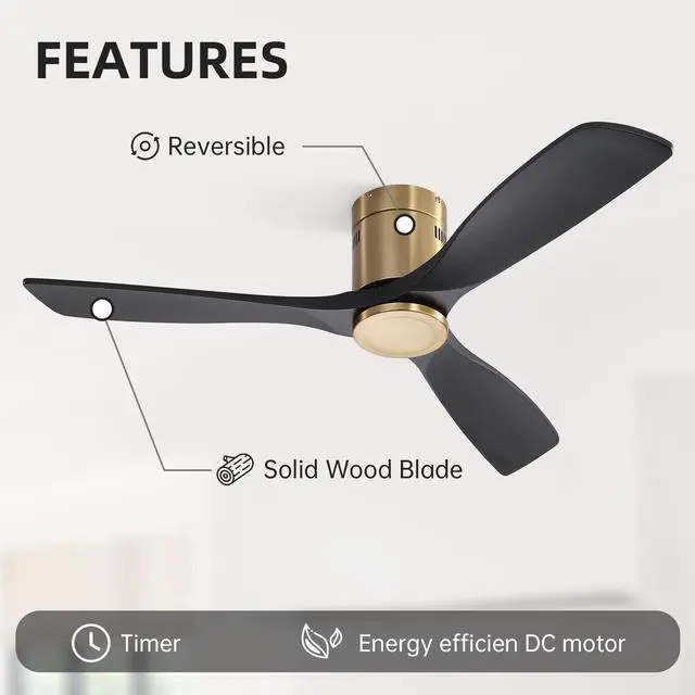 Alt view image 6 of 7 - Sofucor 52 Inch Gold Flush Mount Ceiling Fan with Remote Control Solid Wood Blades Modern Indoor/Outdoor Fan No Light for Bedroom/Farmhouse/Patio