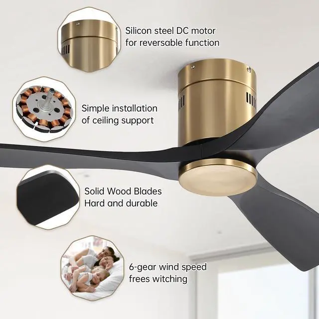 Alt view image 3 of 7 - Sofucor 52 Inch Gold Flush Mount Ceiling Fan with Remote Control Solid Wood Blades Modern Indoor/Outdoor Fan No Light for Bedroom/Farmhouse/Patio