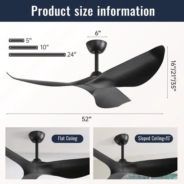 Alt view image 6 of 7 - Sofucor 52" Ceiling Fan No Light Modern Ceiling Fan with Remote Control 3 Blades Ceiling Fan with Noiseless Reversible Dc Motor for Living room Bedroom