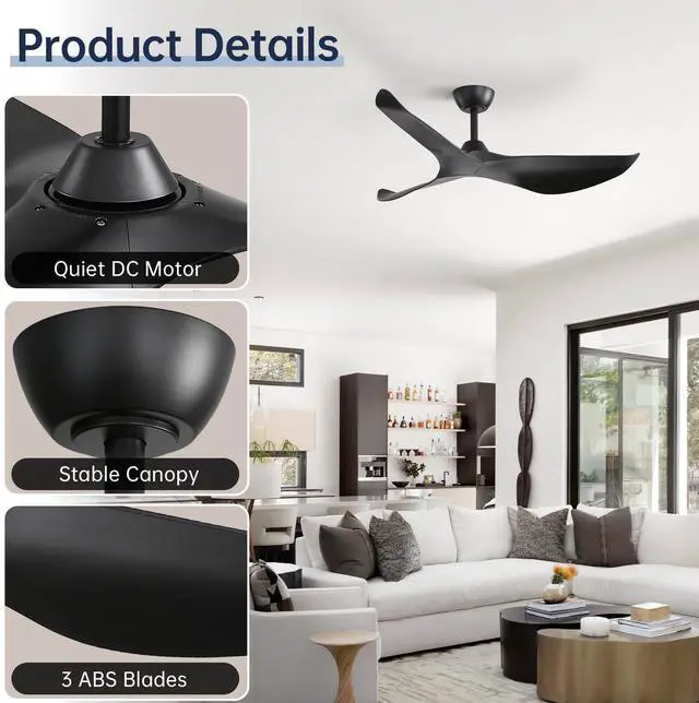 Alt view image 7 of 7 - Sofucor 52" Ceiling Fan No Light Modern Ceiling Fan with Remote Control 3 Blades Ceiling Fan with Noiseless Reversible Dc Motor for Living room Bedroom