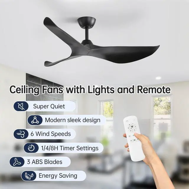 Alt view image 2 of 7 - Sofucor 52" Ceiling Fan No Light Modern Ceiling Fan with Remote Control 3 Blades Ceiling Fan with Noiseless Reversible Dc Motor for Living room Bedroom
