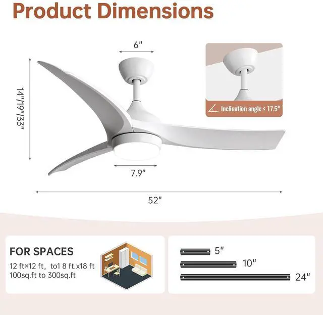 Alt view image 6 of 7 - Sofucor High CFM Ceiling Fans with Lights and Remote Reversible Quiet DC Motor 6 Speeds Dimmable 52'' Modern Ceiling Fan for Bedroom Kitchen Outdoor Patios