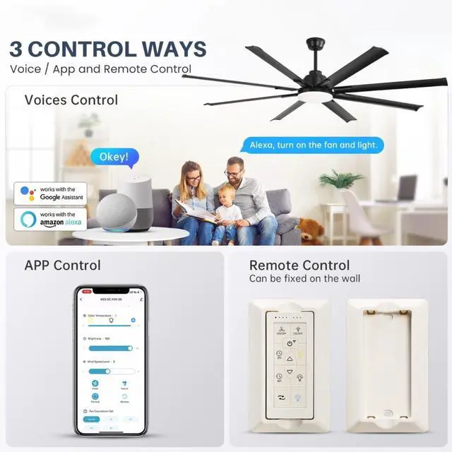 Alt view image 2 of 7 - Sofucor 84in High CFM Ceiling Fan W/Light Smart Life APP Remote Control Timer For Alexa Google Indoor Outdoor/Bedroom/Living room/Patio/ Adjustable 6 Speed/8 Blade/Dimmable Light LED /memory Function