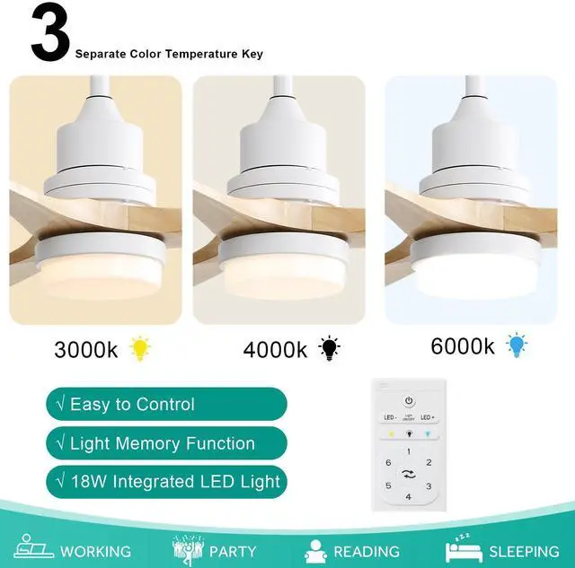 Alt view image 5 of 7 - Sofucor 52 inch Solid Wood Ceiling Fan with Lights and Remote Low Profile Outdoor Indoor Modern 3 Blade Fan for Living Room Bedroom Farmhouse Patio