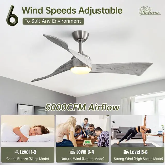 Alt view image 2 of 7 - Sofucor 52 inch Solid Wood Ceiling Fan with Lights and Remote Low Profile Outdoor Indoor Modern 3 Blade Ceiling Fan for Living Room Bedroom Farmhouse Patio