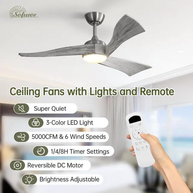 Alt view image 3 of 7 - Sofucor 52 inch Solid Wood Ceiling Fan with Lights and Remote Low Profile Outdoor Indoor Modern 3 Blade Ceiling Fan for Living Room Bedroom Farmhouse Patio