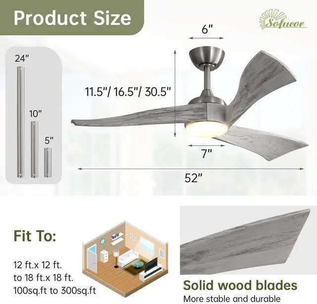 Alt view image 7 of 7 - Sofucor 52 inch Solid Wood Ceiling Fan with Lights and Remote Low Profile Outdoor Indoor Modern 3 Blade Ceiling Fan for Living Room Bedroom Farmhouse Patio