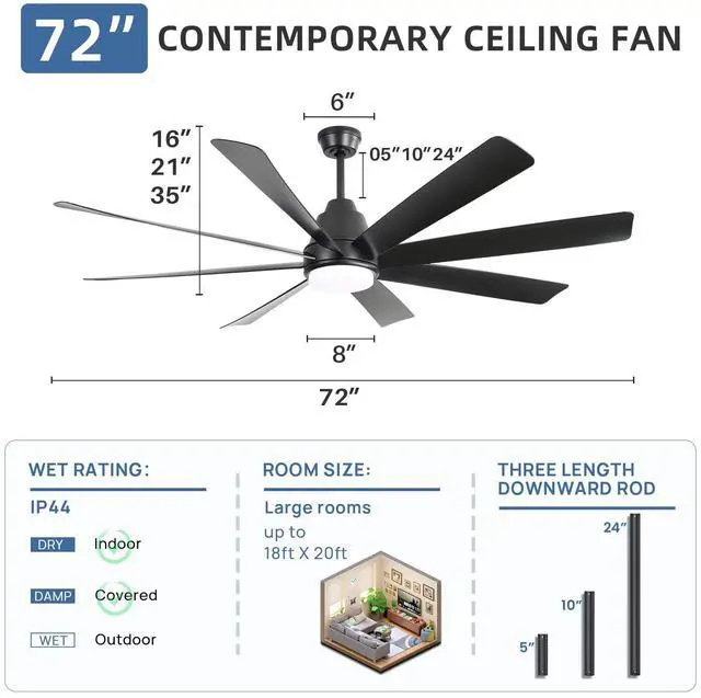 Alt view image 4 of 7 - Sofucor 72 inch Ceiling Fans Light Kits with Remote Reversible DC Motor Dimmable Timing 6 Speed 3CCT LED Light Chandelier Industrial Ceiling Fan for Bedroom