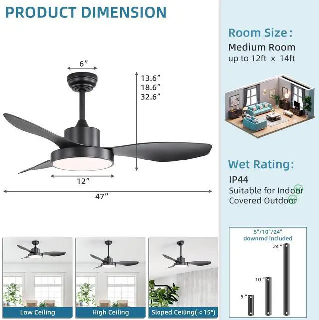 Alt view image 3 of 7 - Sofucor 47 Inch Ceiling Fans with Lights and Remote Quiet Reversible DC Motor Modern Large Airflow Noiseless 6 Speeds Timers Indoor Outdoor for Bedroom