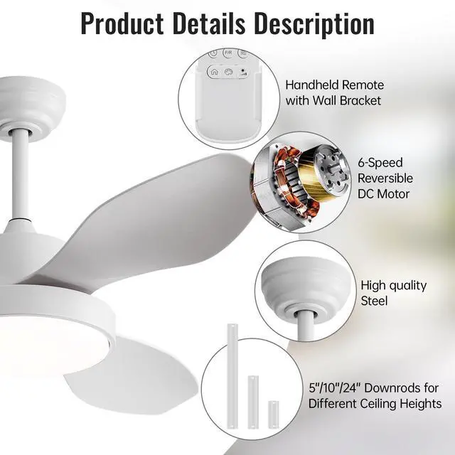 Alt view image 4 of 7 - Sofucor 47 Inch Ceiling Fans with Lights and Remote 6-Speeds Noiseless Reversible DC Motor, 3CCT, ABS Blades Ceiling Fan for Outdoor Indoor Farmhouse Patio