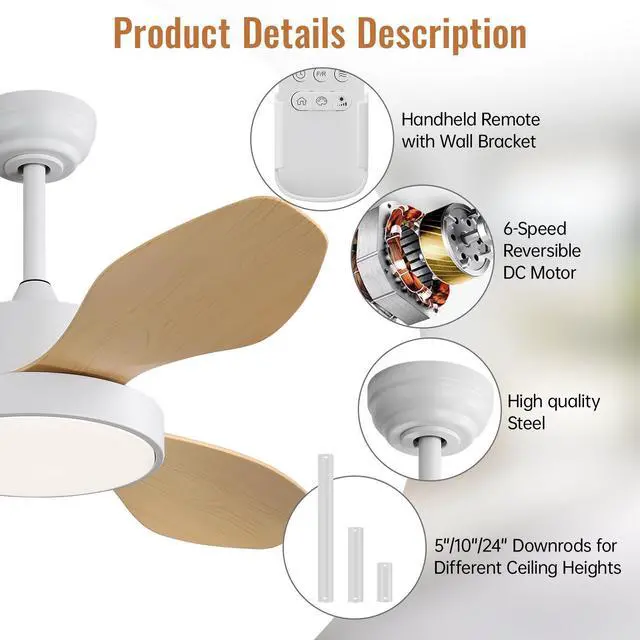 Alt view image 5 of 7 - Sofucor 47 Inch Ceiling Fans with Lights and Remote 6-Speeds Noiseless Reversible DC Motor, 3CCT, ABS Blades Ceiling Fan for Outdoor Indoor Farmhouse Patio