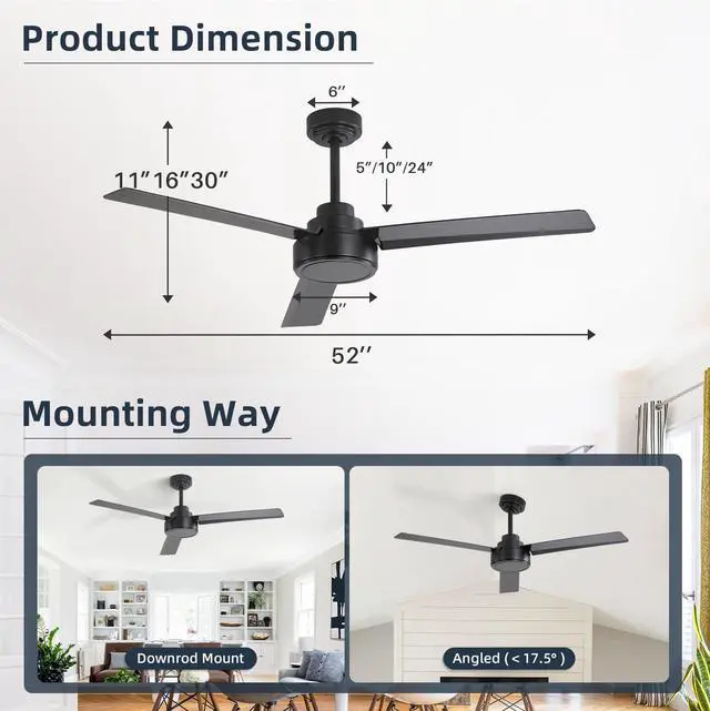 Alt view image 2 of 7 - Sofucor Modern Ceiling Fans without Lights 52 Inch Ceiling Fan No Light with Remote Outdoor Ceiling Fans for Patios Bedroom DC Motor Reversible 3 Blades Timer