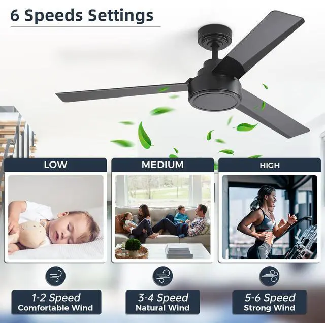 Alt view image 7 of 7 - Sofucor Modern Ceiling Fans without Lights 52 Inch Ceiling Fan No Light with Remote Outdoor Ceiling Fans for Patios Bedroom DC Motor Reversible 3 Blades Timer