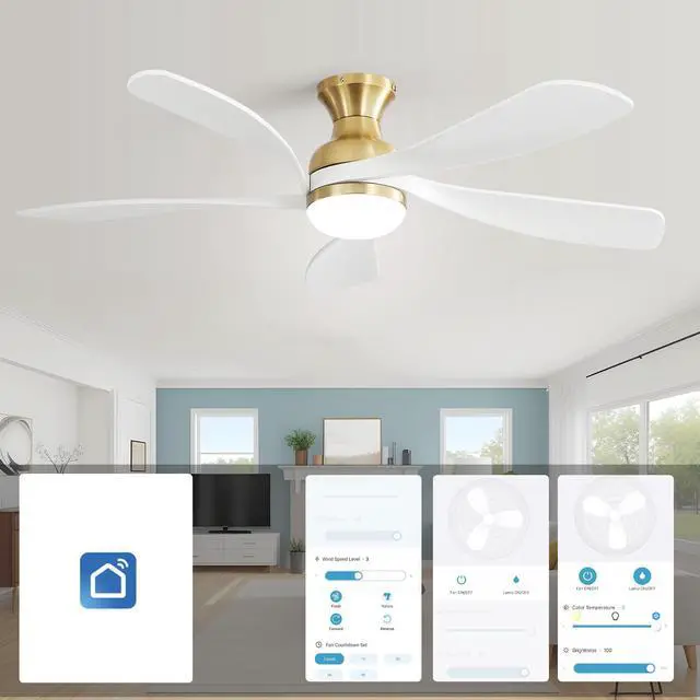 Alt view image 3 of 7 - Sofucor 52 Inch Smart Ceiling Fan with Remote Control & Light 5 Reversible Blades APP Control Voice Control Adjustable 3-color LED Light Bedroom Ceiling Fan Solid wood blades