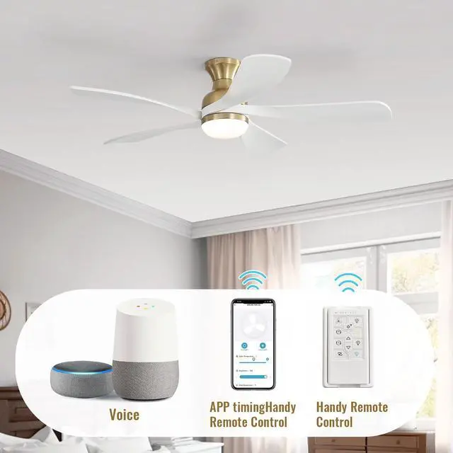 Alt view image 2 of 7 - Sofucor 52 Inch Smart Ceiling Fan with Remote Control & Light 5 Reversible Blades APP Control Voice Control Adjustable 3-color LED Light Bedroom Ceiling Fan Solid wood blades