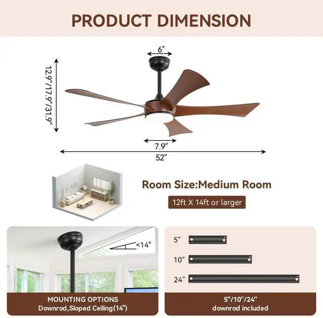 Alt view image 6 of 7 - Sofucor 52 Inch High CFM Modern Ceiling Fan with Lights and Remote for Bedroom Living Room Farmhouse Patio Porch Reversible DC Motor Noiseless