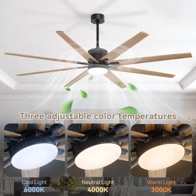 Alt view image 5 of 7 - Sofucor 76 Inch Solid Wood Large Industrial Ceiling Fan with Light Indoor Outdoor Smart Fan with Remote & APP Alexa Control, 8 Blade Reversible DC Motor