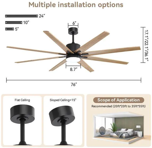 Alt view image 6 of 7 - Sofucor 76 Inch Solid Wood Large Industrial Ceiling Fan with Light Indoor Outdoor Smart Fan with Remote & APP Alexa Control, 8 Blade Reversible DC Motor
