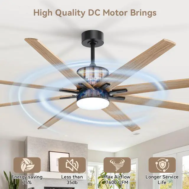 Alt view image 4 of 7 - Sofucor 76 Inch Solid Wood Large Industrial Ceiling Fan with Light Indoor Outdoor Smart Fan with Remote & APP Alexa Control, 8 Blade Reversible DC Motor