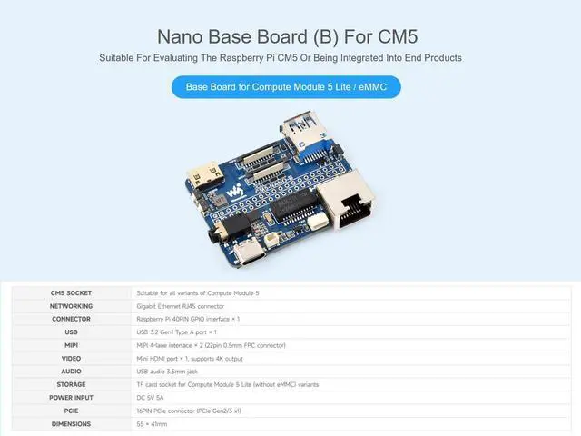 Alt view image 2 of 5 - Nano Base Board for Raspberry Pi Compute Module 5 Lite/eMMC Series Board, Same Size as CM5, with CM5 Socket/40PIN GPIO Header/RJ45 Gigabit Eth/16PIN PCIe/HDMI/USB 3.2/Audio/MIPI Interface etc.