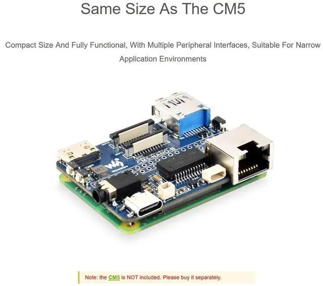 Alt view image 3 of 5 - Nano Base Board for Raspberry Pi Compute Module 5 Lite/eMMC Series Board, Same Size as CM5, with CM5 Socket/40PIN GPIO Header/RJ45 Gigabit Eth/16PIN PCIe/HDMI/USB 3.2/Audio/MIPI Interface etc.
