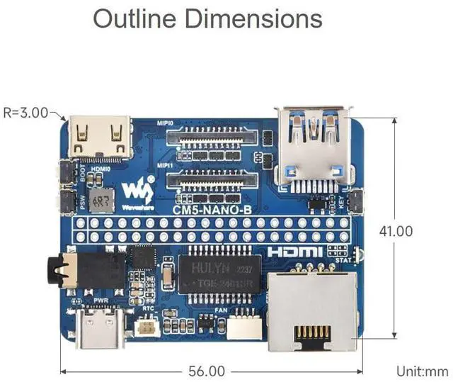 Alt view image 5 of 5 - Nano Base Board for Raspberry Pi Compute Module 5 Lite/eMMC Series Board, Same Size as CM5, with CM5 Socket/40PIN GPIO Header/RJ45 Gigabit Eth/16PIN PCIe/HDMI/USB 3.2/Audio/MIPI Interface etc.